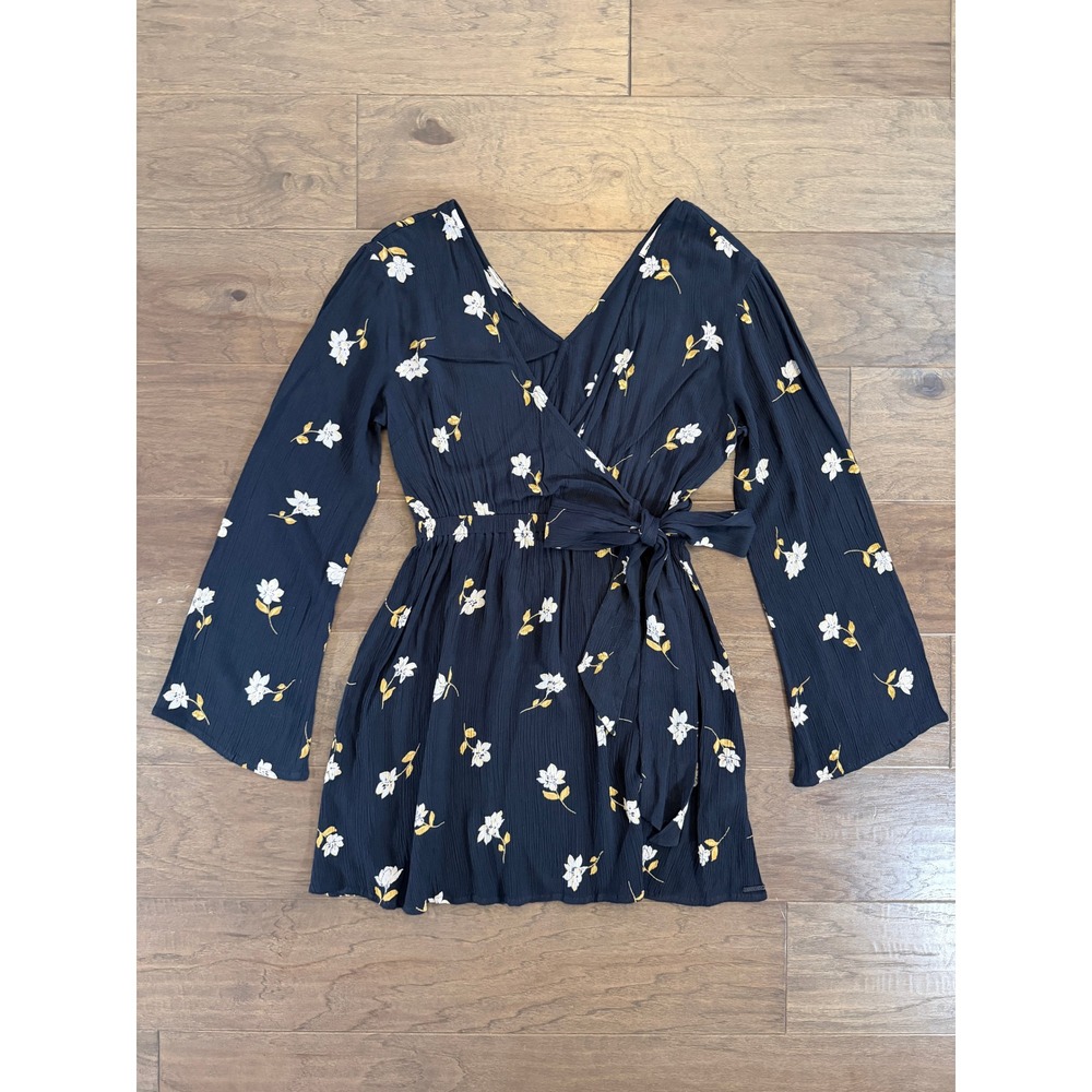 Billabong Navy Blue Floral Bell Sleeve Wrap Mini Dress Womens Size Medium Boho
